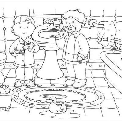 Desenho de contorno detalhado do Caillou e Leo no banheiro escovando os dentes, com banheira, tapete e patinho de borracha.