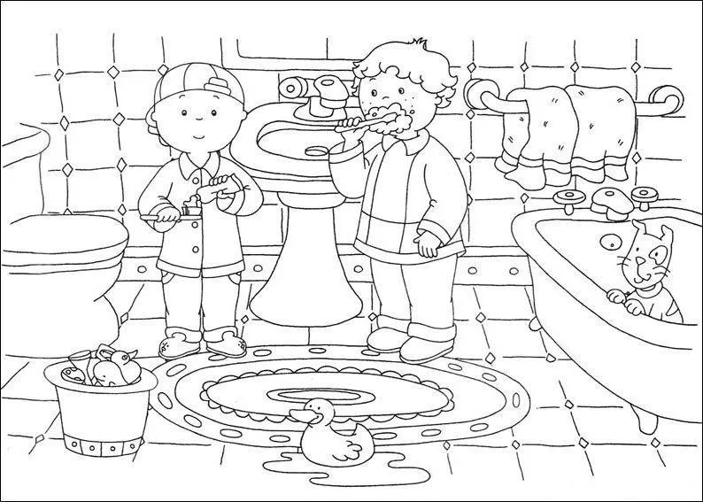 Desenho de contorno detalhado do Caillou e Leo no banheiro escovando os dentes, com banheira, tapete e patinho de borracha.