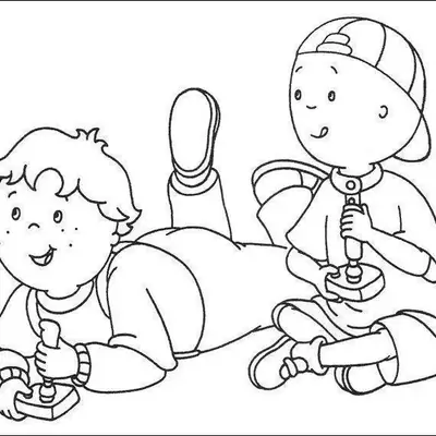 Desenho de contorno do Caillou sentado e Leo deitado no chão, ambos segurando controles de videogame antigos (joysticks) e sorrindo.