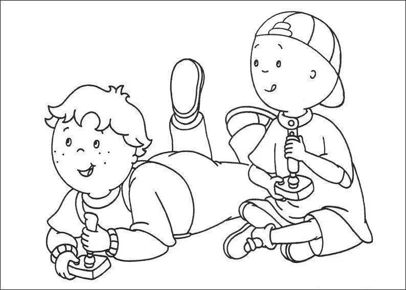 Desenho de contorno do Caillou sentado e Leo deitado no chão, ambos segurando controles de videogame antigos (joysticks) e sorrindo.