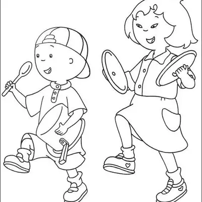 Desenho de contorno do Caillou batendo em uma panela com uma colher e Rosie batendo tampas de panela como pratos musicais.