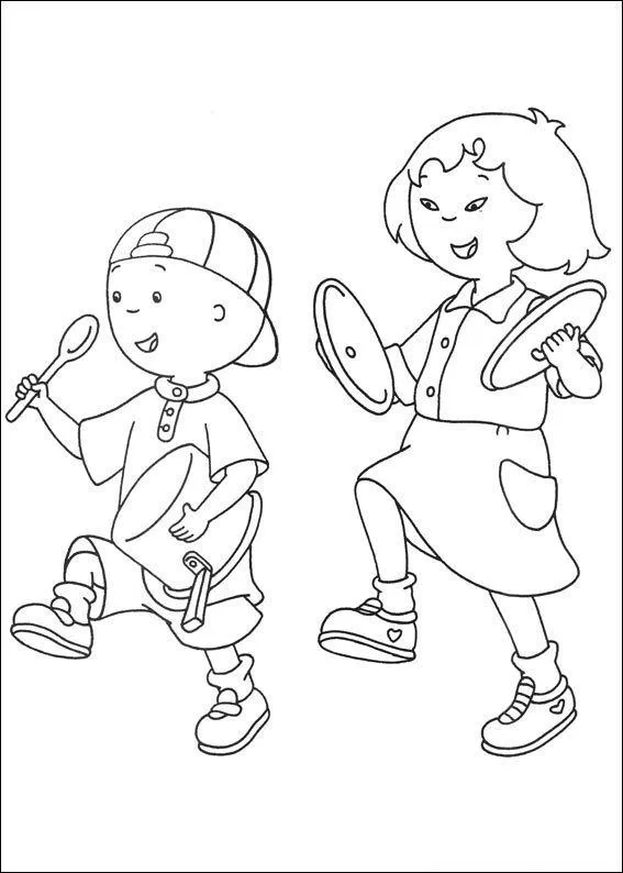 Desenho de contorno do Caillou batendo em uma panela com uma colher e Rosie batendo tampas de panela como pratos musicais.