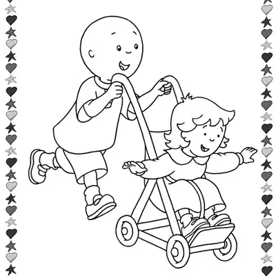 Desenho de contorno do Caillou empurrando a irmã Rosie em um carrinho de bebê, com moldura de estrelas e corações ao redor.