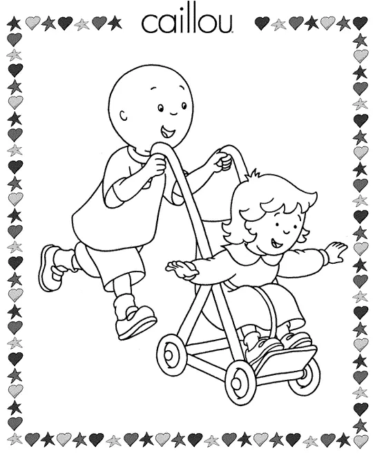 Desenho de contorno do Caillou empurrando a irmã Rosie em um carrinho de bebê, com moldura de estrelas e corações ao redor.