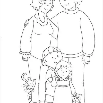 Desenho de contorno do Caillou com sua família: pai e mãe abraçados, Caillou de boné, Rosie segurando um urso e o gato Gilbert ao lado.
