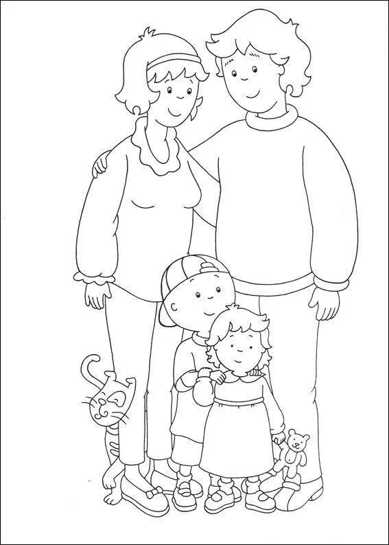 Desenho de contorno do Caillou com sua família: pai e mãe abraçados, Caillou de boné, Rosie segurando um urso e o gato Gilbert ao lado.