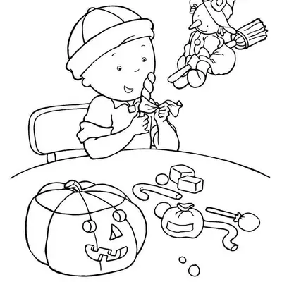 Desenho de contorno do Caillou sentado à mesa com uma abóbora esculpida, doces e um enfeite de bruxa voando.