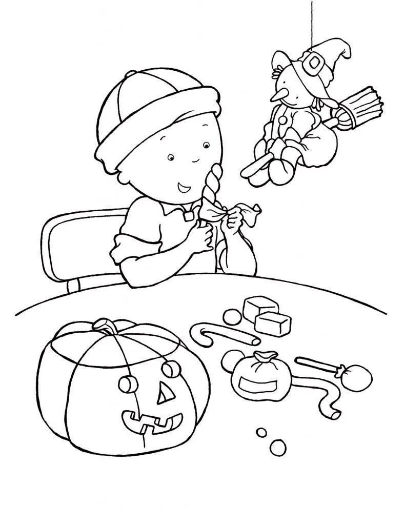 Desenho de contorno do Caillou sentado à mesa com uma abóbora esculpida, doces e um enfeite de bruxa voando.