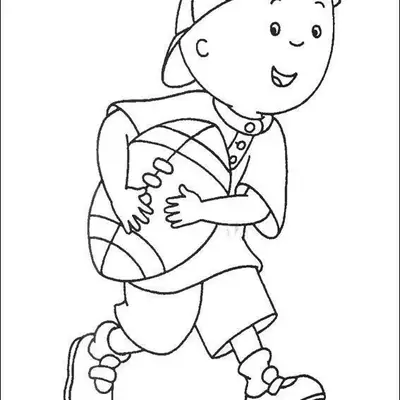 Desenho de contorno do Caillou correndo e segurando uma bola oval de futebol americano com as duas mãos, usando boné e uniforme esportivo.