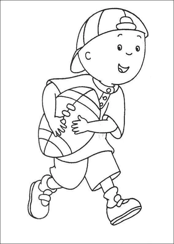 Desenho de contorno do Caillou correndo e segurando uma bola oval de futebol americano com as duas mãos, usando boné e uniforme esportivo.