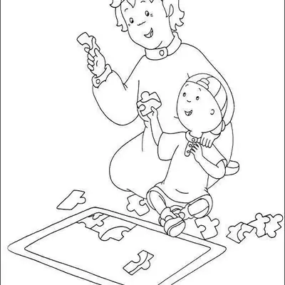 Desenho de contorno do Caillou sentado no chão com sua mãe, ambos segurando peças de um quebra-cabeça espalhado.