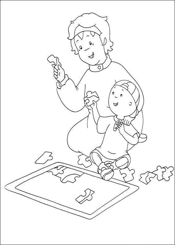Desenho de contorno do Caillou sentado no chão com sua mãe, ambos segurando peças de um quebra-cabeça espalhado.