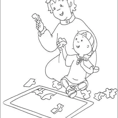 Desenho de contorno do Caillou e sua mãe sentados no chão brincando com peças de quebra-cabeça espalhadas ao redor de uma base.