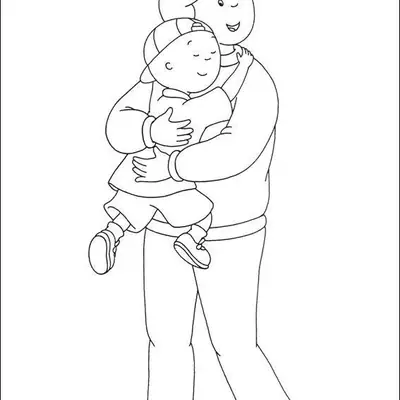 Desenho de contorno do pai do Caillou em pé, segurando o Caillou no colo; ambos estão sorrindo e se abraçando.
