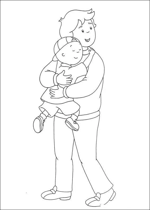Desenho de contorno do pai do Caillou em pé, segurando o Caillou no colo; ambos estão sorrindo e se abraçando.