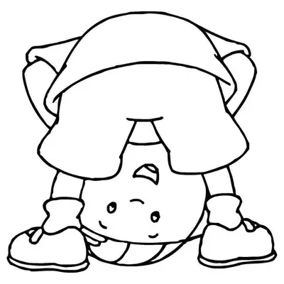Desenho de contorno do Caillou plantando bananeira, com a cabeça no chão e os pés para cima, sorrindo.