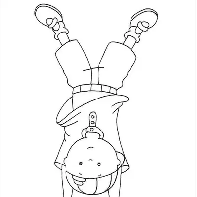 Desenho de contorno do Caillou de ponta-cabeça, equilibrando-se nas mãos com as pernas esticadas para cima, usando boné e camiseta.