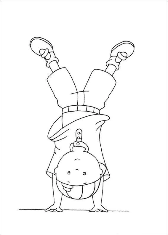 Desenho de contorno do Caillou de ponta-cabeça, equilibrando-se nas mãos com as pernas esticadas para cima, usando boné e camiseta.