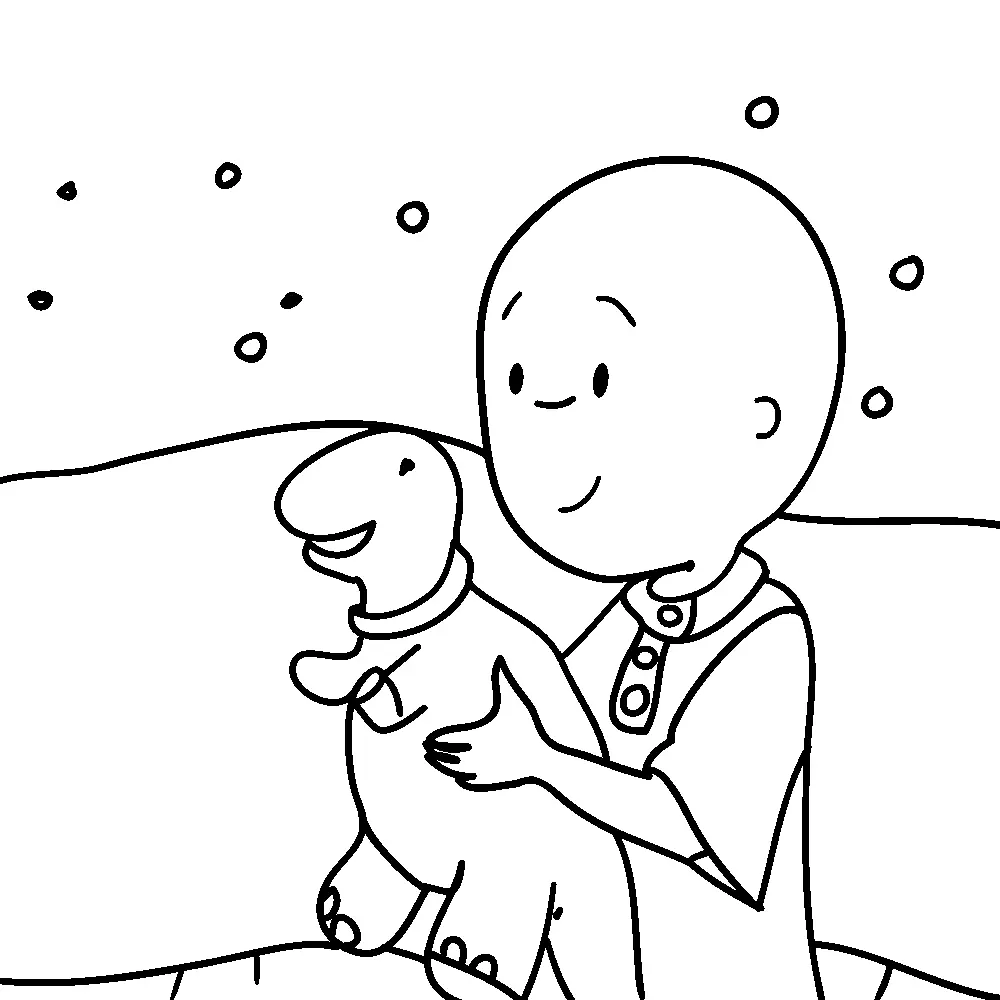 Desenho de contorno do Caillou abraçando um dinossauro de brinquedo, com um fundo simples de neve ou bolinhas.