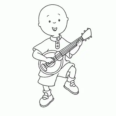 Desenho de contorno do personagem Caillou sorrindo e tocando um banjo, usando camiseta de gola, bermuda e sapatos.