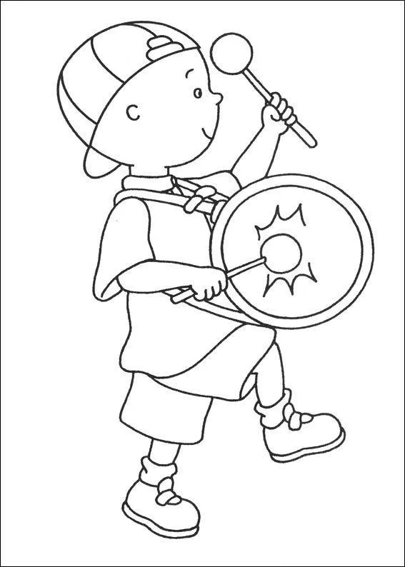 Desenho de contorno do Caillou de perfil, marchando e tocando um tambor com duas baquetas, usando seu boné característico.