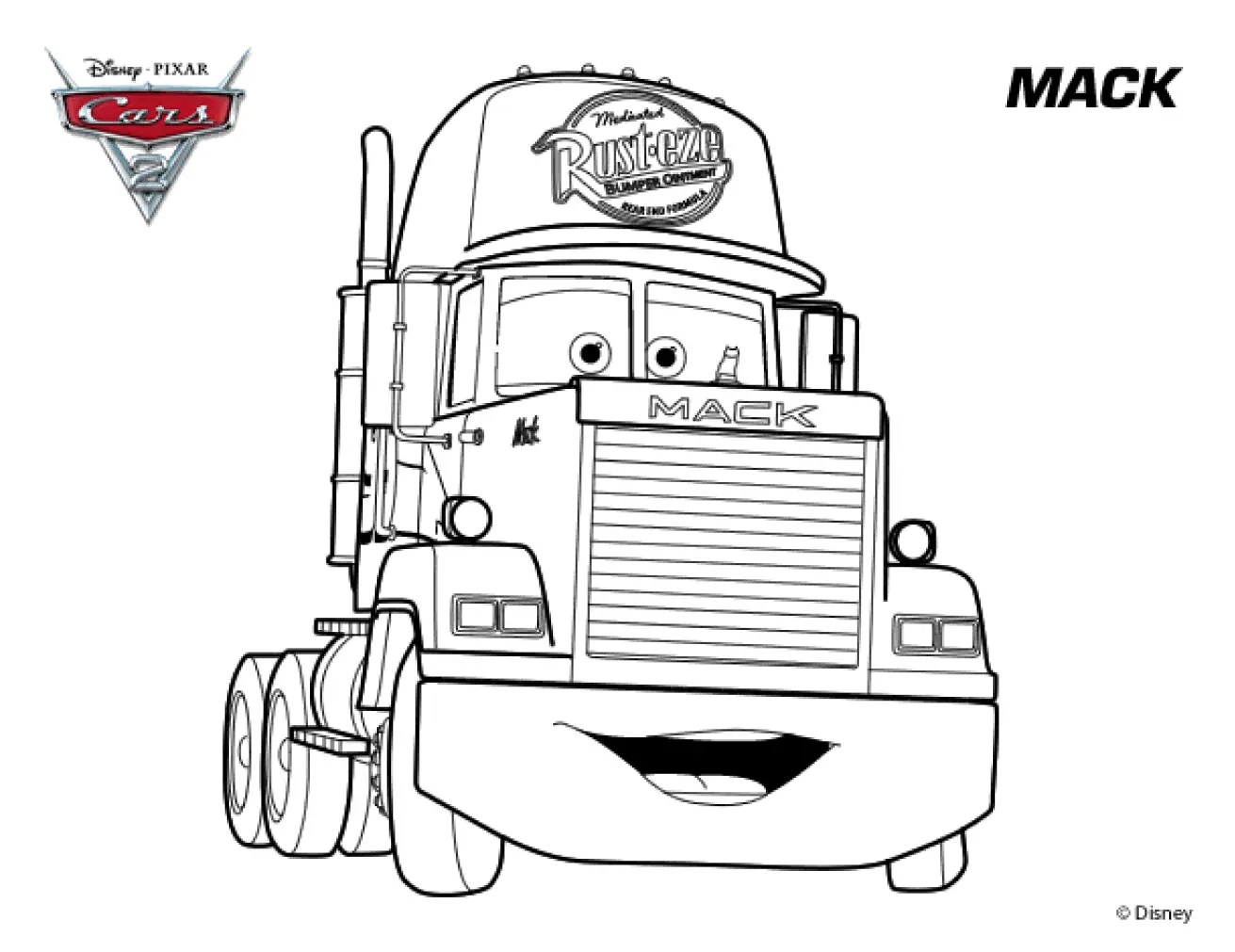 Desenho de contorno do personagem Mack, o caminhão guincho e transporte da Disney-Pixar, com o logotipo da Rust-eze no boné.