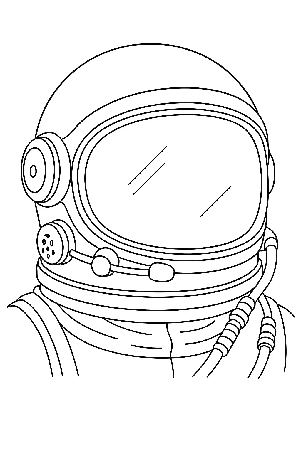 Desenho de contorno em preto e branco de um capacete de astronauta visto de frente, com visor amplo, microfone lateral e mangueiras de suporte à vida.