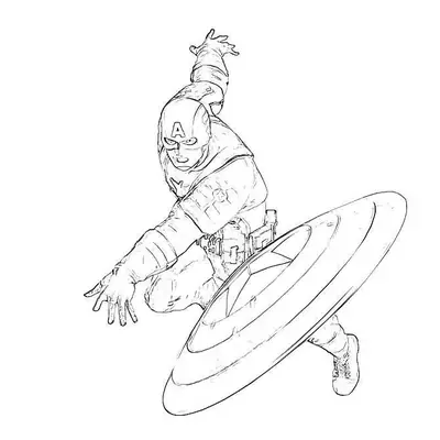 Desenho de contorno do Capitão América agachado em posição de combate, com a mão esquerda no chão e o escudo inclinado para a frente.