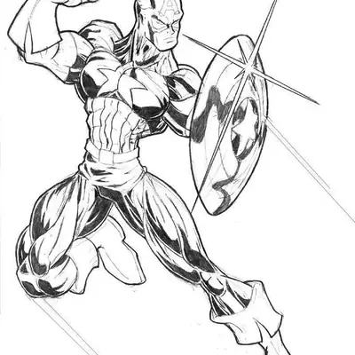 Desenho artístico estilo esboço do Capitão América avançando com o punho erguido e escudo lateral, apresentando linhas de brilho em cruz.