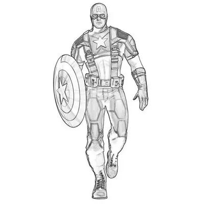 Desenho de contorno do Capitão América caminhando de frente, com o escudo no braço direito e uniforme detalhado com sombras e texturas.