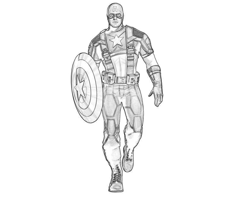 Desenho de contorno do Capitão América caminhando de frente, com o escudo no braço direito e uniforme detalhado com sombras e texturas.
