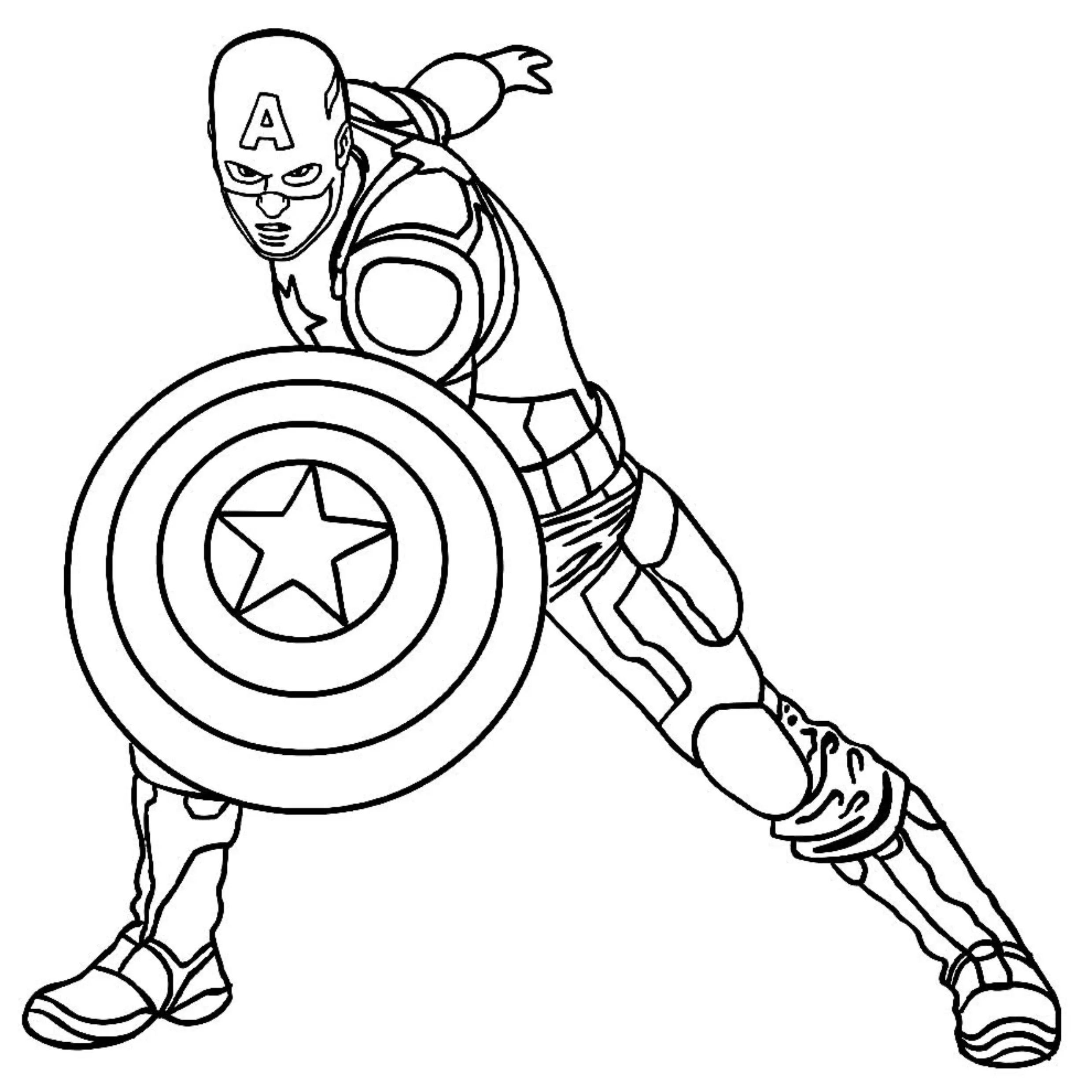 Desenho de contorno do Capitão América inclinado em posição de combate, segurando seu escudo à frente com a estrela em destaque.