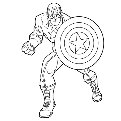 Desenho de contorno do Capitão América em pose de ação, segurando seu escudo circular com uma estrela no centro e punho cerrado.