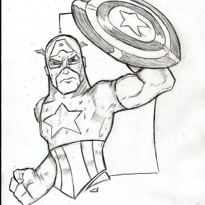 Desenho artístico estilo esboço do Capitão América, com o escudo erguido para o lado e sombreados feitos a lápis no uniforme e rosto.
