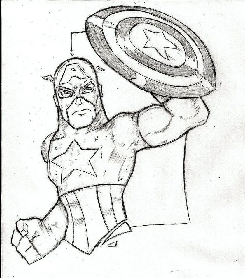 Desenho artístico estilo esboço do Capitão América, com o escudo erguido para o lado e sombreados feitos a lápis no uniforme e rosto.