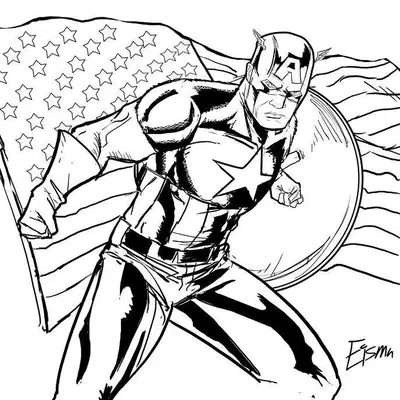 Desenho de contorno do Capitão América em pose de determinação, com a bandeira dos Estados Unidos ao fundo e o escudo nas costas.