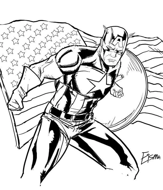 Desenho de contorno do Capitão América em pose de determinação, com a bandeira dos Estados Unidos ao fundo e o escudo nas costas.
