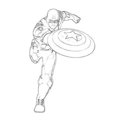 Desenho de contorno do Capitão América visto de frente, com uma perna levantada e o escudo projetado em direção ao espectador.