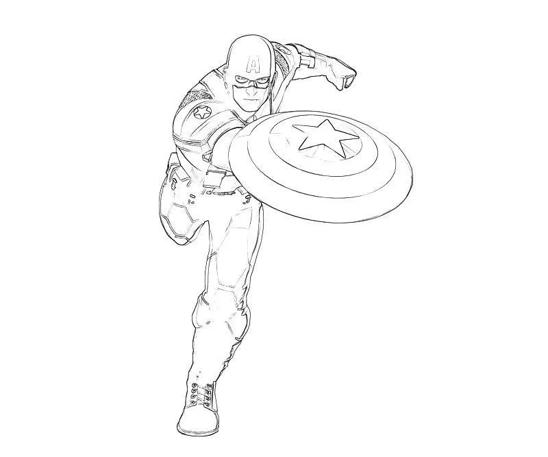 Desenho de contorno do Capitão América visto de frente, com uma perna levantada e o escudo projetado em direção ao espectador.