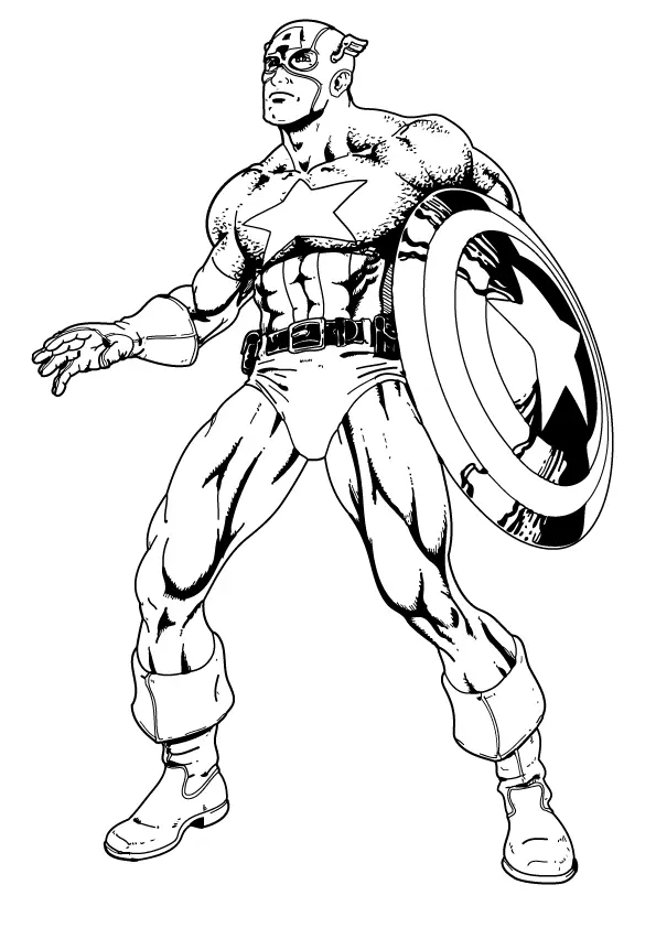 Desenho de contorno em preto e branco do Capitão América musculoso, em pé, com o escudo no braço esquerdo e sombras pretas sólidas.