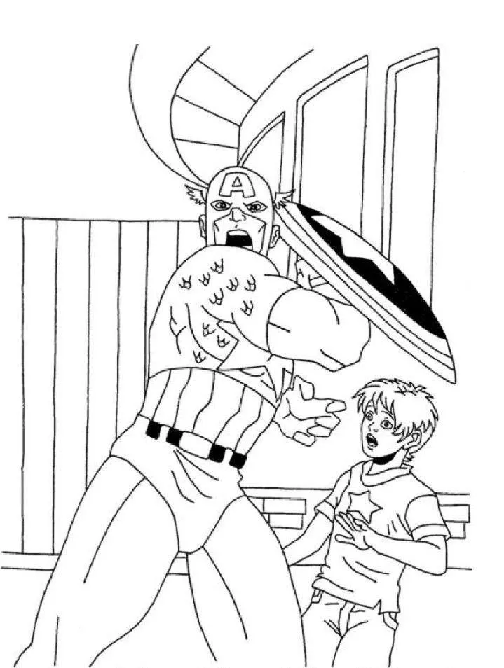 Desenho de contorno do Capitão América gritando e protegendo uma criança assustada com seu escudo, em frente a uma grade e janelas.