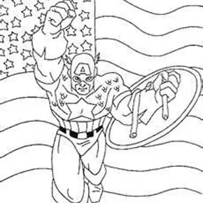 Desenho de contorno do Capitão América correndo com o punho direito erguido e escudo no braço esquerdo, tendo a bandeira dos Estados Unidos ao fundo.