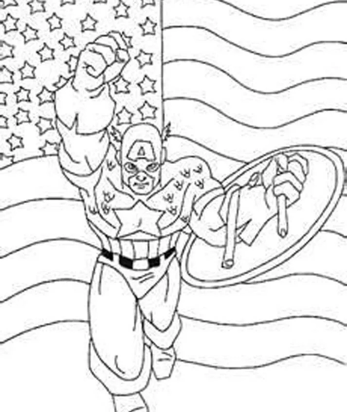 Desenho de contorno do Capitão América correndo com o punho direito erguido e escudo no braço esquerdo, tendo a bandeira dos Estados Unidos ao fundo.