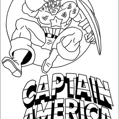 Desenho de contorno do Capitão América saltando no ar com escudo, acima do logotipo estilizado escrito Captain America em letras grandes.