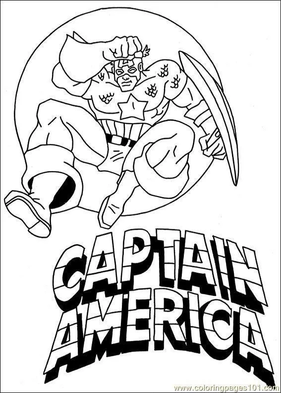 Desenho de contorno do Capitão América saltando no ar com escudo, acima do logotipo estilizado escrito Captain America em letras grandes.