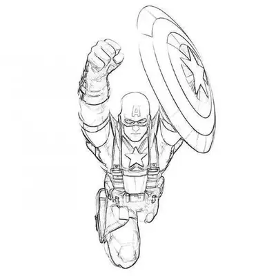 Desenho de contorno do Capitão América em pleno salto, com o punho direito erguido e o escudo circular no braço esquerdo, estilo quadrinhos.