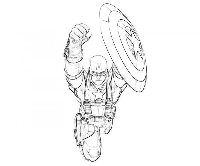 Desenho de contorno do Capitão América em pleno salto, com o punho direito erguido e o escudo circular no braço esquerdo, estilo quadrinhos.