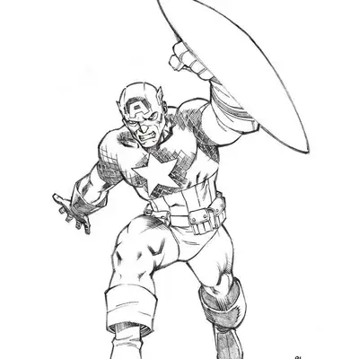 Desenho de contorno artístico do Capitão América em cima de pedras, com o escudo levantado e uniforme clássico detalhado com hachuras.