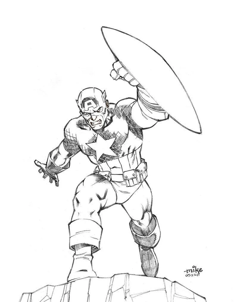 Desenho de contorno artístico do Capitão América em cima de pedras, com o escudo levantado e uniforme clássico detalhado com hachuras.