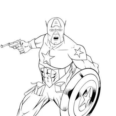 Desenho de contorno do Capitão América segurando o escudo com uma mão e um acessório tático na outra, vestindo uniforme com cinto de utilidades.